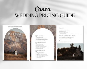 May include: A wedding pricing guide template from Canva. The guide features a minimalist design with a mountain landscape photo and text. The guide includes sections for basic, standard, and premium packages, along with add-ons and booking terms.