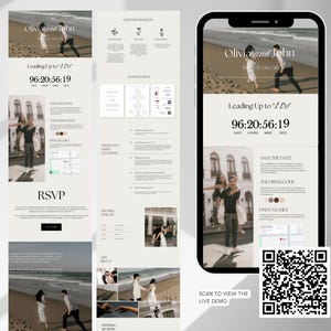 May include: A wedding website design displayed on a smartphone and two website pages. The design features photos of a couple, countdown timer, RSVP information, and a QR code to view a live demo.
