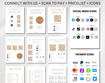QR Code Sign For Small Business, Payment Sign,  Canva Template Editable, Price List Template and Scan To Pay Sign Template, Connect With Us