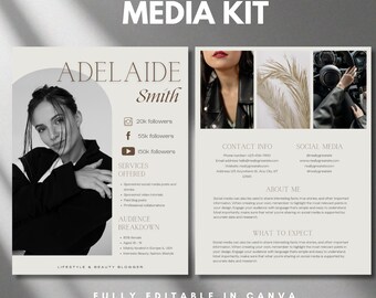 Peut inclure: Modèle de Media Kit beige et blanc avec le nom "Adelaide Smith" et les chiffres des followers sur les réseaux sociaux. Le kit comprend des sections pour les coordonnées, les services proposés et la répartition de l'audience. Le texte "Fully Editable in Canva" est en bas.