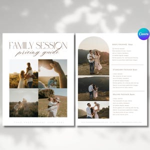 May include: A white and beige family session pricing guide with sample family photos. The guide includes package details and the text "Family Session Pricing Guide" at the top. The Canva logo is in the upper right corner.