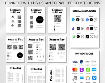 QR Code Sign For Small Business, Payment Sign,  Canva Template Editable, Price List Template and Scan To Pay Sign Template, Connect With Us
