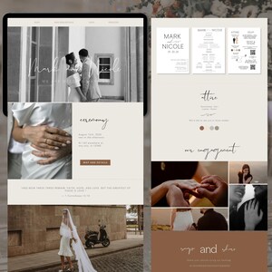 Pode incluir: Um site de casamento com uma foto em preto e branco de um casal no fundo. O site inclui informações sobre a cerimônia, o traje e fotos de noivado. O texto no site diz "Mark e Nicole, Nós vamos casar!" e "E agora estes três permanecem: fé, esperança e amor. Mas o maior destes três é o amor."