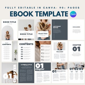Pode incluir: Um modelo de e-book digital com mais de 90 páginas, totalmente editável no Canva. O modelo apresenta um design minimalista com um esquema de cores cinza e branco. A página de capa inclui o título "Título do livro" e um design floral. As páginas internas incluem uma tabela de conteúdo, títulos de capítulos e texto de amostra.