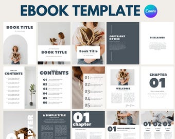 May include: A digital ebook template with 90+ pages, fully editable in Canva. The template features a minimalist design with a gray and white color scheme. The cover page includes the title "Book Title" and a floral design. The interior pages include a table of contents, chapter headings, and sample text.