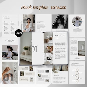 May include: A digital ebook template with 50 pages. The template features a minimalist design with a white background and black text. The template includes a table of contents, a copyright notice, an about me section, and a chapter with a title page. The template also includes a 5 step roadmap.
