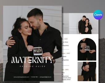 Szablon przewodnika cen fotografii dla kobiet w ciąży Canva Przewodnik cenowy dla fotografów, Edytowalny przewodnik cenowy dla fotografów, Lista arkuszy cenowych