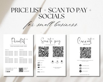 QR Code Sign For Small Business, Payment Sign,  Canva Template Editable, Price List Template and Scan To Pay Sign Template, Connect With Us