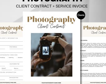 May include: A photography client contract and service invoice template. The design features a photo of a person holding a camera, with the words "Photography Client Contract" in elegant script. The Canva logo is visible.