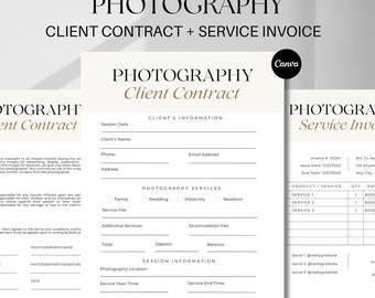 May include: A black and white photography client contract and service invoice template. The contract includes sections for client information, photography services, session information, and signatures. The invoice includes sections for product/service, quantity, price, and total. The document is designed with a minimalist aesthetic and features a gold accent.