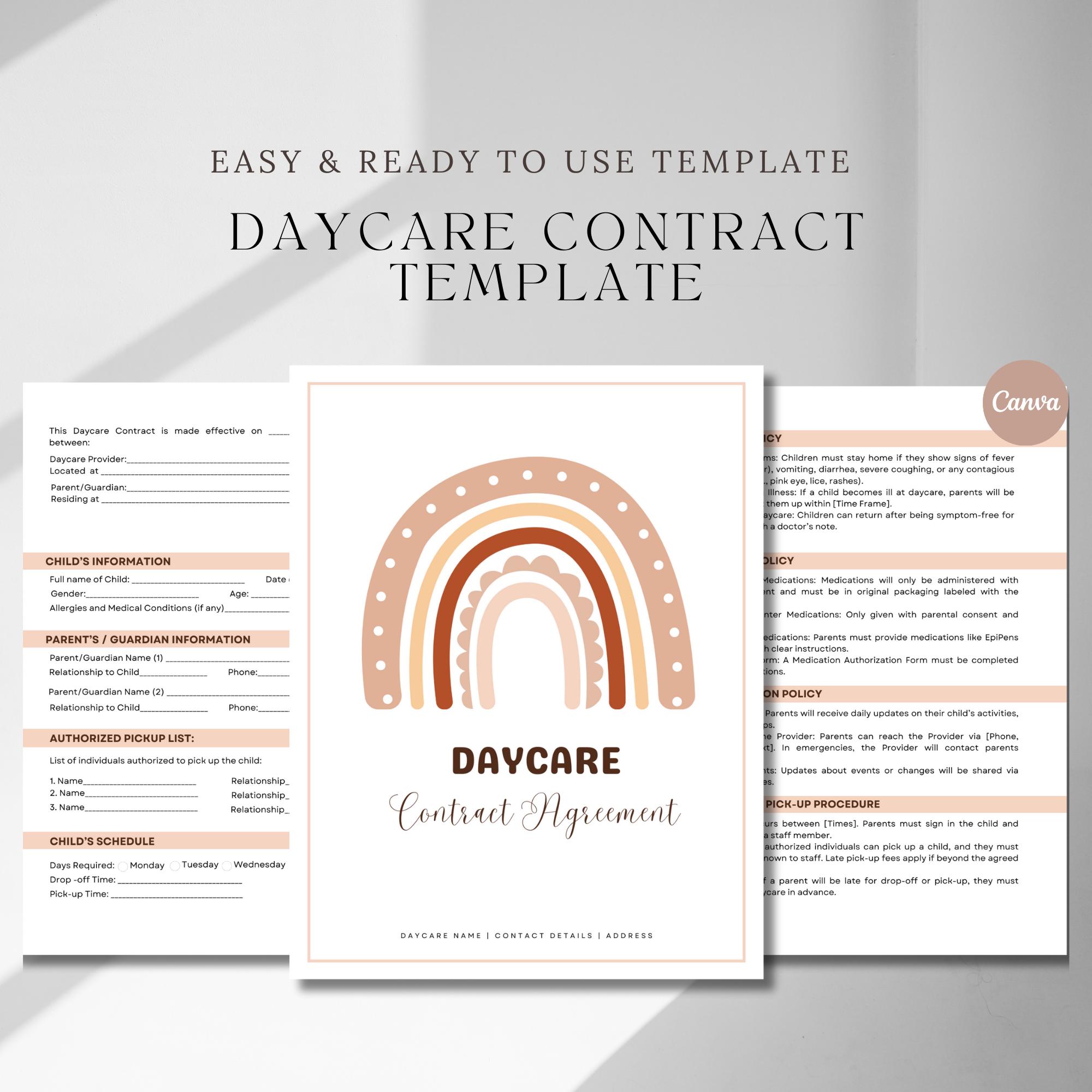 Editable Daycare contract, Home daycare contract, daycare agreement. childcare business, preschool contract, daycare liability form, forms