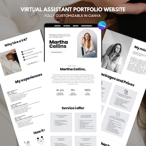 May include: A virtual assistant portfolio website template featuring a black and white layout with sections for professional experience, service offerings, and pricing packages. The design includes text headers like Why hire a VA, My experiences, and Service I offer, with a Canva logo icon.