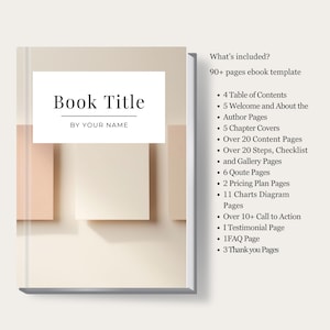May include: A book cover mockup with a beige background and a white rectangle in the center. The text "Book Title" is in the rectangle, with the text "BY YOUR NAME" below it. The text "What's included?" is in the upper right corner, followed by "90+ pages ebook template". The rest of the text lists the different sections included in the ebook template.
