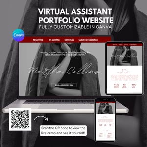 May include: A digital template for a virtual assistant portfolio website, fully customisable in Canva. The display shows a laptop and tablet featuring a website layout with the name Martha Collins, navigation menus, and a call to action button.