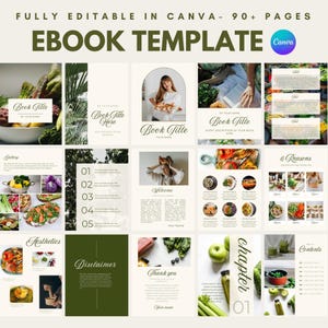 Op de afbeelding: Een digitaal e-book sjabloon met een lichtgroen en wit kleurenschema. De sjabloon bevat pagina's voor een boektitel, hoofdstukkoppen en inhoudssecties. De tekst "FULLY EDITABLE IN CANVA - 90+ PAGES" staat bovenaan.