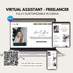 May include: A laptop, tablet, and smartphone display a website design for a virtual assistant. The website features a photo of a woman, the name "Ava Collins," and the text "Helping you reclaim your time." A QR code is also present.