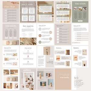 May include: A digital guide with a beige and brown color scheme. The guide includes a title, "5 Easy Steps", and a list of steps. The guide also includes sections on "How it Works", "Key Aspects", "Steps and Tips", "Resources", "Gallery", and "Aesthetics".