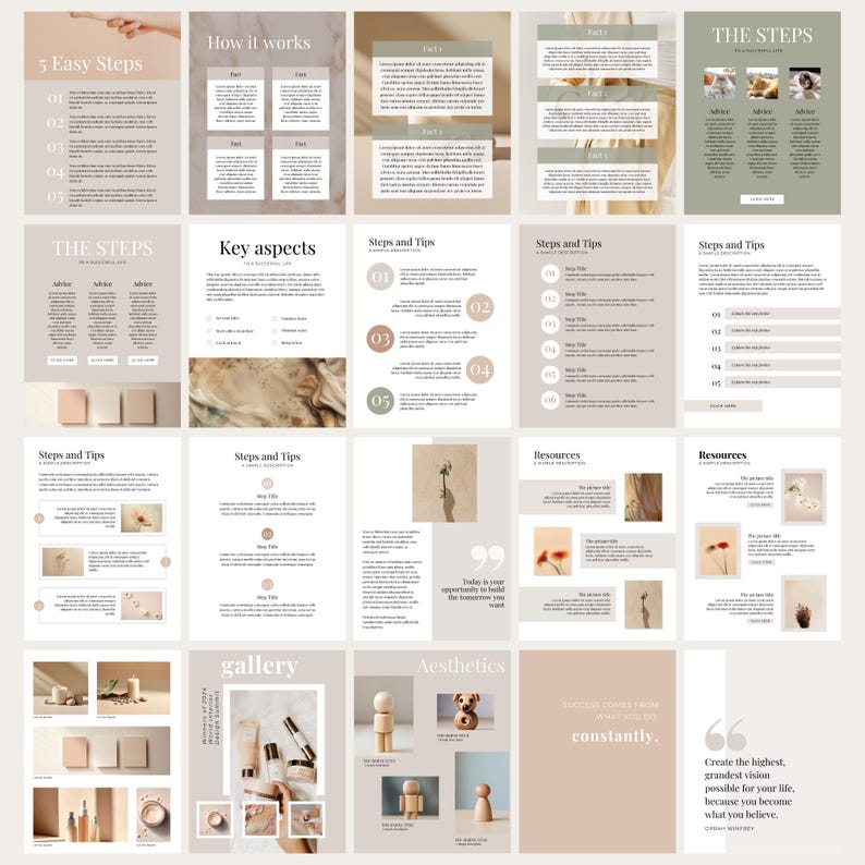 May include: A digital guide with a beige and brown color scheme. The guide includes a title, "5 Easy Steps", and a list of steps. The guide also includes sections on "How it Works", "Key Aspects", "Steps and Tips", "Resources", "Gallery", and "Aesthetics".
