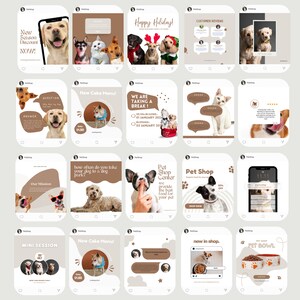 May include: A collection of 16 Instagram post templates for a pet shop. The templates feature various images of dogs and cats, along with text about the shop's services, products, and promotions. Some of the text includes "New Season Discount Now!" and "New Cake Menu!"