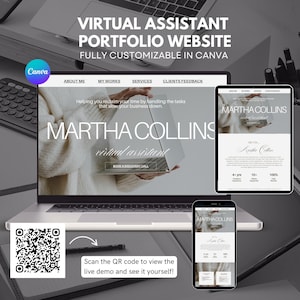 Könnte beinhalten: Eine vollständig in Canva anpassbare Portfolio-Website-Vorlage für virtuelle Assistenten. Das Design zeigt einen Laptop und ein Tablet mit einer Website für Martha Collins, inklusive Abschnitten für About Me, Works, Services, Feedback und einem QR-Code.