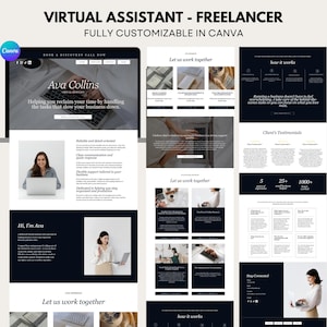 May include: A digital marketing template for a virtual assistant, fully customizable in Canva. The design features a website layout with text, images, and a dark blue and white color scheme. The text includes "Virtual Assistant - Freelancer" and "Let us work together."