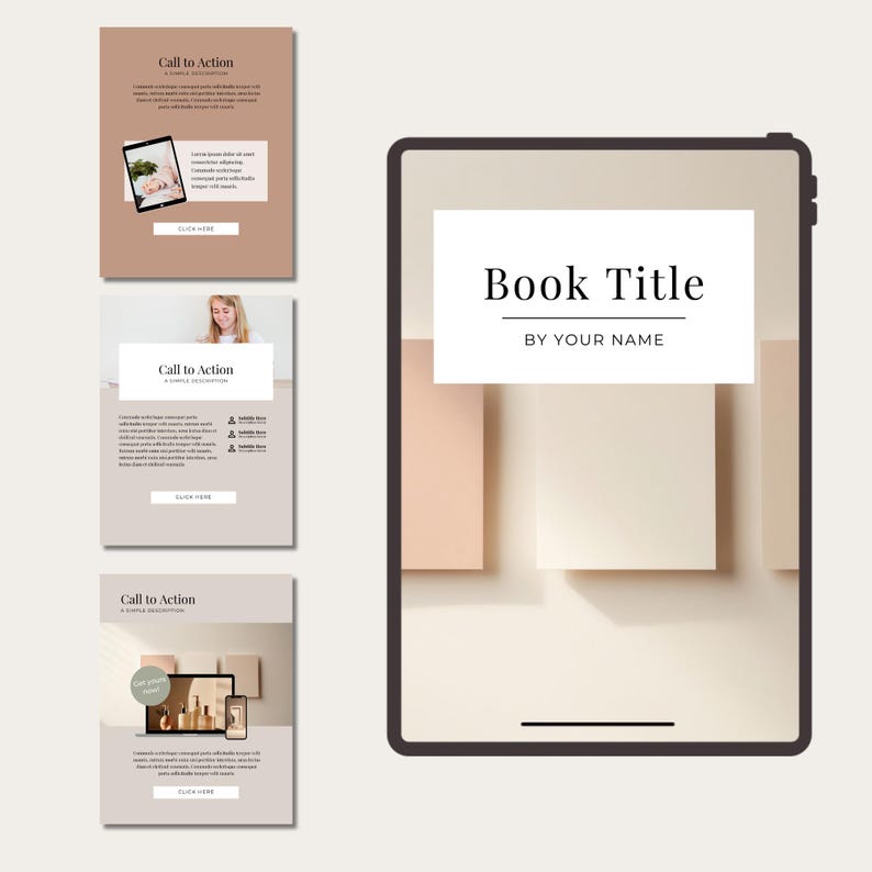 May include: A digital book cover mockup with a beige background and a title card that reads "Book Title" by "Your Name".