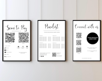 QR Code Sign For Small Business, Payment Sign,  Canva Template Editable, Price List Template and Scan To Pay Sign Template, Connect With Us