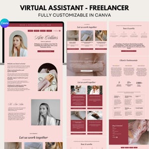 May include: A digital marketing template for a virtual assistant freelancer, fully customizable in Canva. The design features a pink and white color scheme with images and text. The template includes sections for services, testimonials, and contact information.