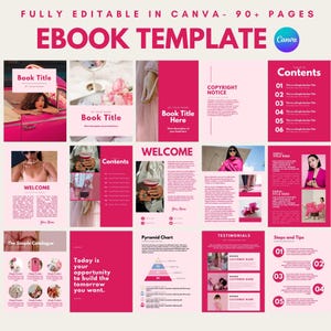 Może przedstawiać: Różowy szablon ebooka z wieloma stronami, w tym okładką, stroną powitalną i sekcjami treści. Szablon zawiera tekst "EBOOK TEMPLATE" i jest w pełni edytowalny w Canva. Projekt zawiera obrazy i pola tekstowe.
