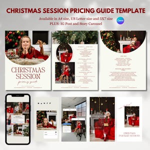 May include: A digital Christmas session pricing guide template featuring three main pages and social media assets. The text reads CHRISTMAS SESSION PRICING GUIDE TEMPLATE, CHRISTMAS SESSION pricing guide, and includes various package details and photography imagery.