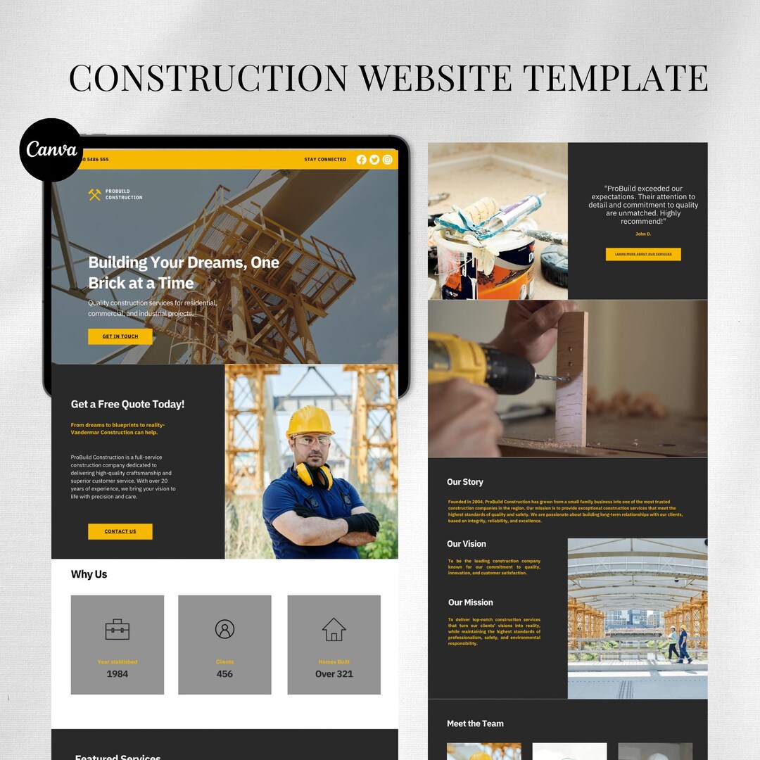 Construction Landing Page Template Canva Website Canva Template Builder ...