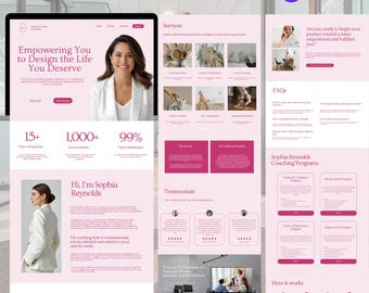 May include: A website design for a coaching business, featuring a woman in a white blazer. The design includes pink accents, a Canva logo, and the text "Empowering You to Design the Life You Deserve."