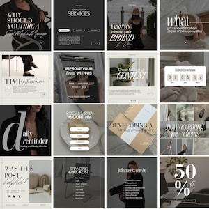 May include: A collage of 12 Instagram post templates with various topics related to social media marketing, branding, and business. The templates feature text overlays, images, and graphics in a minimalist aesthetic with a neutral color palette.