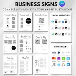 Peut inclure: Ensemble de panneaux commerciaux avec le texte "BUSINESS SIGNS" et "CONNECT WITH US + SCAN TO PAY + PRICELIST + ICONS". Les panneaux incluent des icônes de médias sociaux, des icônes de paiement, des codes QR et les mots "Connect with us", "Scan to Pay" et "Pricelist".