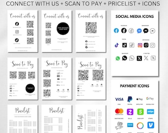 QR Code Sign For Small Business, Payment Sign,  Canva Template Editable, Price List Template and Scan To Pay Sign Template, Connect With Us