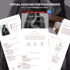 Könnte beinhalten: Eine Portfolio-Website-Vorlage für virtuelle Assistenten in Dunkelrot und Weiß. Das Layout enthält Abschnitte für Über mich, Berufserfahrung und Servicepakete mit Textüberschriften wie Martha Collins und My Experiences.