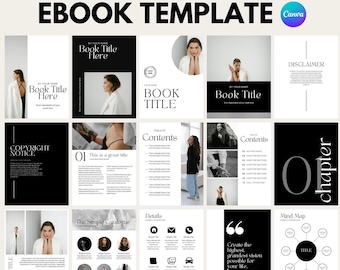May include: A digital ebook template with a minimalist design. The layout includes pages with text, images, and graphic elements. The text includes "EBOOK TEMPLATE" and "FULLY EDITABLE IN CANVA - 90+ PAGES". The color scheme is black and white.