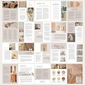 May include: A digital book template with a beige background and a minimalist design. The template features a variety of images, including a guitar, flowers, and a potted plant. The text on the pages includes "The Great Title", "A Simple Title", "Contents", "Book Title", and "Today is your opportunity to build the tomorrow you want."