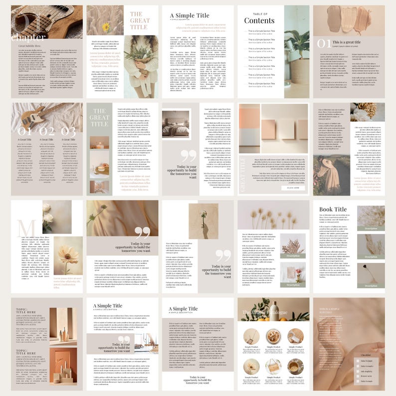 May include: A digital book template with a beige background and a minimalist design. The template features a variety of images, including a guitar, flowers, and a potted plant. The text on the pages includes "The Great Title", "A Simple Title", "Contents", "Book Title", and "Today is your opportunity to build the tomorrow you want."