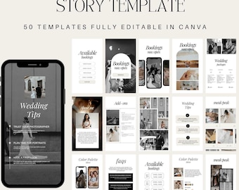 May include: A digital template for Instagram stories, featuring a wedding theme. The design includes 50 fully editable templates in Canva. The templates showcase various elements like wedding tips, booking information, and color palettes, with a clean, modern aesthetic.