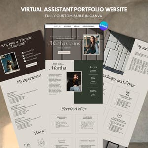 May include: A digital template for a virtual assistant portfolio website, fully customisable in Canva. The layout features sections for professional experience, service offerings, client packages, and pricing, displayed in a clean, modern, and neutral colour palette with serif typography.