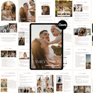 Könnte beinhalten: Ein digitaler Willkommensleitfaden für ein Familienfotoshooting, mit einem Familienporträt auf dem Cover. Der Leitfaden enthält Abschnitte zu Stil, Timing, Kundenreferenzen und Galerien. Das Design ist weich und einladend, mit einer warmen Farbpalette.