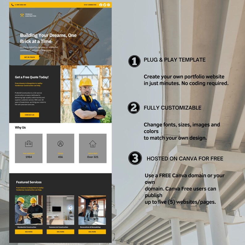 Construction Landing Page Template Canva Website Canva Template Builder ...