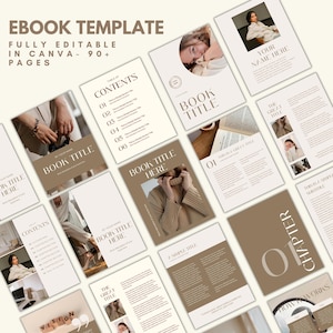 Pode incluir: Um modelo de ebook com um design minimalista. As páginas são em tons de bege e castanho, com texto e imagens. As palavras "EBOOK TEMPLATE" e "FULLY EDITABLE IN CANVA - 90+ PAGES" são visíveis. As páginas incluem secções para um índice e títulos de livros.