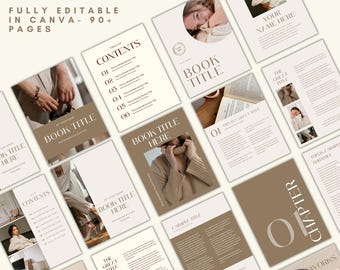 May include: An ebook template with a minimalist design. The pages are in shades of beige and brown, with text and images. The words "EBOOK TEMPLATE" and "FULLY EDITABLE IN CANVA - 90+ PAGES" are visible. The pages include sections for a table of contents and book titles.