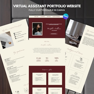 Könnte beinhalten: Eine Vorlage für eine Portfolio-Website für virtuelle Assistenten in Creme und Dunkelrot. Das Layout enthält Abschnitte für eine Vorstellung, Berufserfahrung, angebotene Dienstleistungen und Preispakete, die vollständig in Canva anpassbar sind.