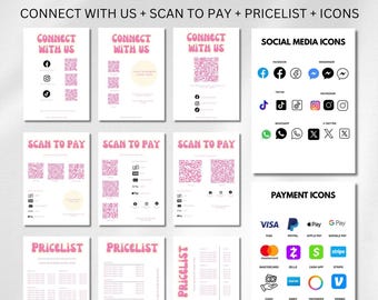 QR Code Sign For Small Business, Payment Sign,  Canva Template Editable, Price List Template and Scan To Pay Sign Template, Connect With Us