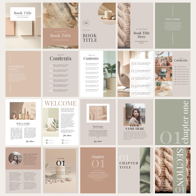 May include: A digital book template with a neutral color palette of beige, brown, and green. The template includes a title page, table of contents, welcome page, and chapter pages. The template is designed for a book with a minimalist aesthetic.