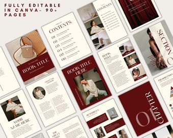 May include: Ebook template with a modern design. The layout features pages with burgundy accents, including chapter headings, content pages, and image placeholders. Text includes "EBOOK TEMPLATE" and "FULLY EDITABLE IN CANVA - 90+ PAGES."