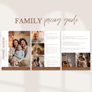 May include: A pricing guide for family photography sessions. The guide lists three different packages: Basic Family Session for $300, Standard Family Session for $500, and Extended Family Session for $800. The guide also includes information about additional family members, booking and payment terms, and available print sizes.